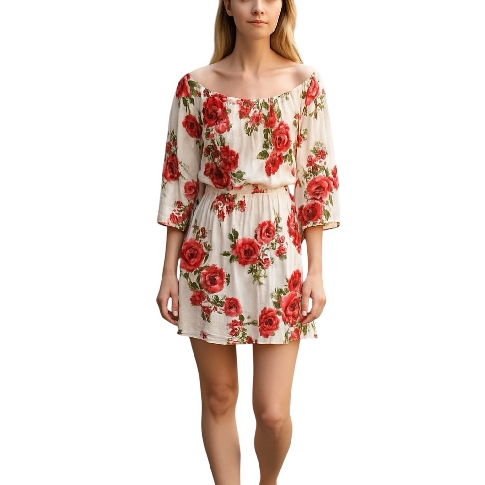 BLUSH‎ Off Shoulder Floral Mini Dress Red Roses Smocked Waist Bohemian Size S